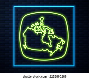 Glowing neon line Canada map icon isolated on brick wall background.  Vector