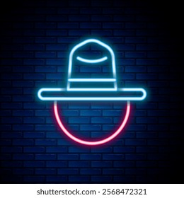 Glowing neon line Canadian ranger hat uniform icon isolated on brick wall background. Colorful outline concept. Vector