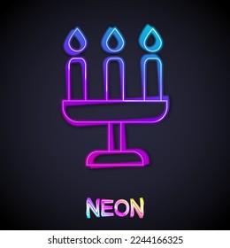 Glowing neon line Candelabrum with three candlesticks icon isolated on black background.  Vector