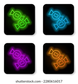 Glowing neon line Candy icon isolated on white background. Black square button. Vector