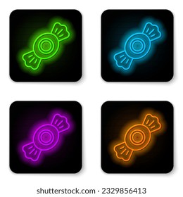 Glowing neon line Candy icon isolated on white background. Black square button. Vector