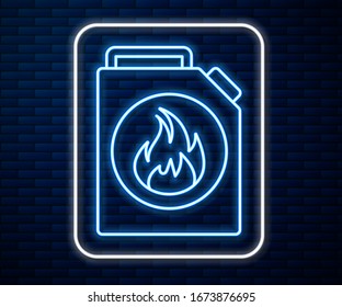 Glowing neon line Canister for flammable liquids icon isolated on brick wall background. Oil or biofuel, explosive chemicals, dangerous substances.  Vector Illustration