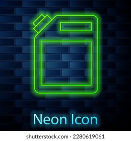 Glowing neon line Canister for gasoline icon isolated on brick wall background. Diesel gas icon.  Vector