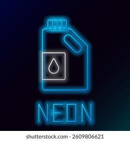 Glowing neon line Canister for motor machine oil icon isolated on black background. Oil gallon. Oil change service and repair. Engine oil sign. Colorful outline concept. Vector