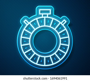 Glowing neon line Canteen water bottle icon isolated on blue background. Tourist flask icon. Jar of water use in the campaign.  Vector Illustration