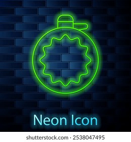 Glowing neon line Canteen water bottle icon isolated on brick wall background. Tourist flask icon. Jar of water use in the campaign. Vector