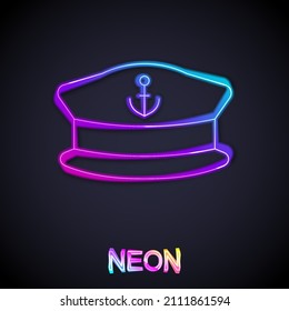 Glowing Neon Line Captain Hat Icon Isolated On Black Background.  Vector