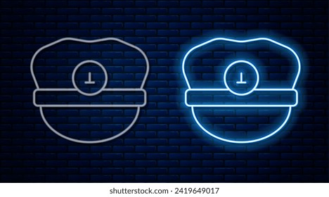 Glowing neon line Captain hat icon isolated on brick wall background.  Vector