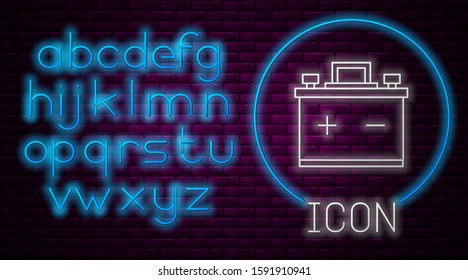 Glowing neon line Car battery icon isolated on brick wall background. Accumulator battery energy power and electricity accumulator battery. Neon light alphabet. Vector Illustration