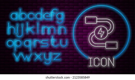 Glowing neon line Car battery jumper power cable icon isolated on brick wall background. Neon light alphabet. Vector