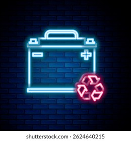 Glowing neon line Car battery with recycle icon isolated on brick wall background. Accumulator battery energy power and electricity accumulator battery. Colorful outline concept. Vector