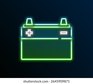 Gloeiende neon line auto batterij pictogram geïsoleerd op zwarte achtergrond. Accumulator batterij energie en elektriciteit accumulator batterij. Kleurrijk concept. vector
