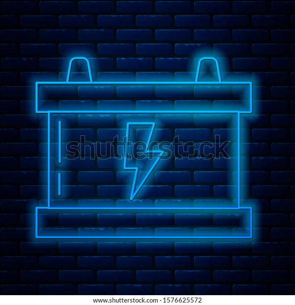 Glowing\
neon line Car battery icon isolated on brick wall background.\
Accumulator battery energy power and electricity accumulator\
battery. Lightning bolt.  Vector\
Illustration