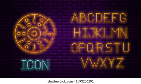 Glowing neon line Car brake disk with caliper icon isolated on brick wall background. Neon light alphabet. Vector Illustration