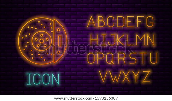 Glowing neon line Car brake disk with\
caliper icon isolated on brick wall background. Neon light\
alphabet. Vector\
Illustration