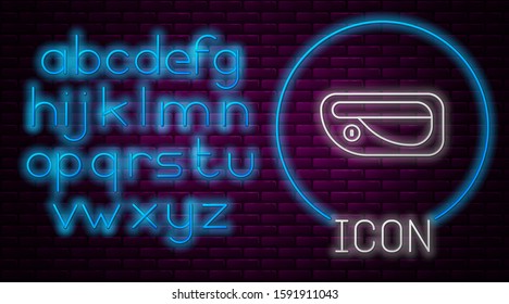 Glowing neon line Car door handle icon isolated on brick wall background. Neon light alphabet. Vector Illustration