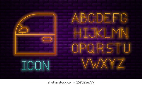Glowing neon line Car door icon isolated on brick wall background. Neon light alphabet. Vector Illustration