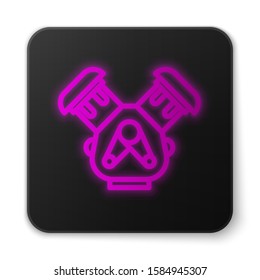 Glowing neon line Car engine icon isolated on white background. Black square button. Vector Illustration