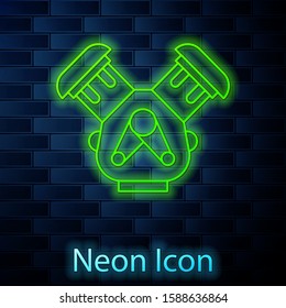 Glowing neon line Car engine icon isolated on brick wall background.  Vector Illustration