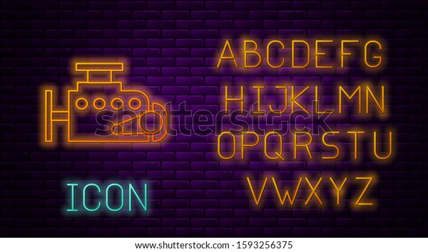 Glowing neon line Car\
engine icon isolated on brick wall background. Neon light alphabet.\
Vector Illustration