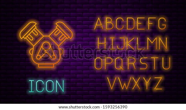 Glowing neon line Car\
engine icon isolated on brick wall background. Neon light alphabet.\
Vector Illustration
