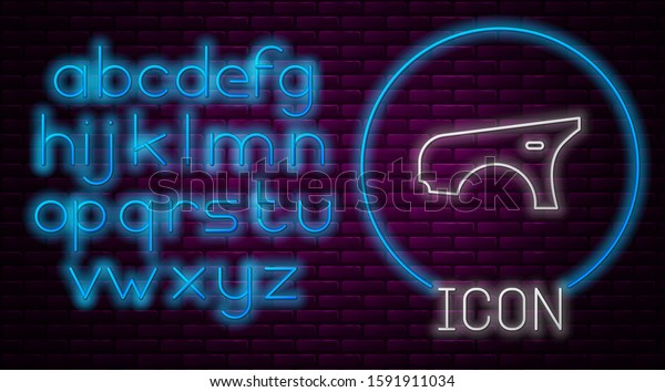 Glowing neon line Car\
fender icon isolated on brick wall background. Neon light alphabet.\
Vector Illustration