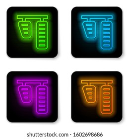 Glowing neon line Car gas and brake pedals icon isolated on white background. Black square button. Vector Illustration