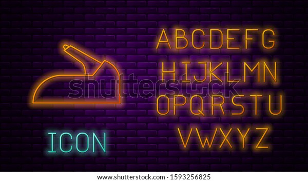 Glowing neon line Car handbrake icon\
isolated on brick wall background. Parking brake lever. Neon light\
alphabet. Vector\
Illustration