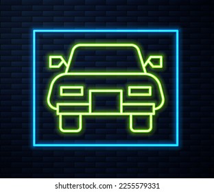 Glowing neon line Car icon isolated on brick wall background.  Vector