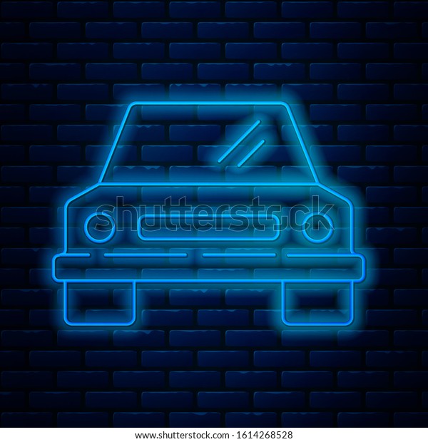 Glowing neon line Car icon isolated\
on brick wall background. Front view.  Vector\
Illustration