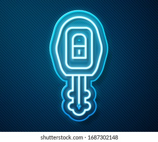 Glowing neon line Car key with remote icon isolated on blue background. Car key and alarm system.  Vector Illustration