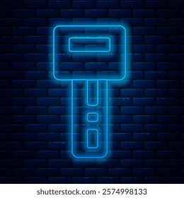 Glowing neon line Car key with remote icon isolated on brick wall background. Car key and alarm system.  Vector