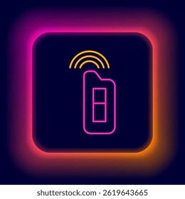 Glowing neon line Car key with remote icon isolated on black background. Car key and alarm system. Colorful outline concept. Vector