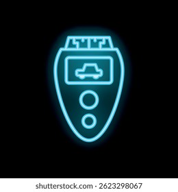 Glowing neon line car key with remote control icon isolated on black background vector illustration