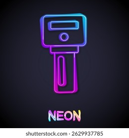 Glowing neon line Car key with remote icon isolated on black background. Car key and alarm system.  Vector