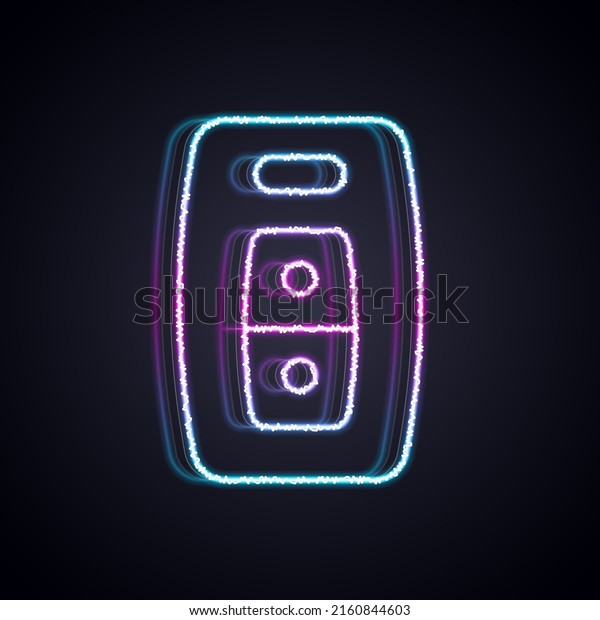 Glowing neon line Car
key with remote icon isolated on black background. Car key and
alarm system.  Vector