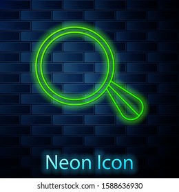 Glowing neon line Car mirror icon isolated on brick wall background.  Vector Illustration