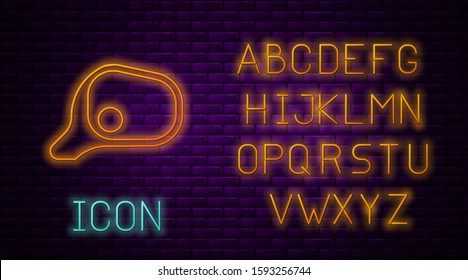Glowing neon line Car mirror icon isolated on brick wall background. Neon light alphabet. Vector Illustration