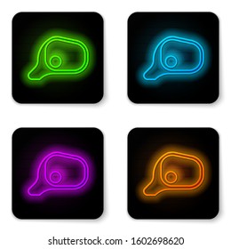 Glowing neon line Car mirror icon isolated on white background. Black square button. Vector Illustration
