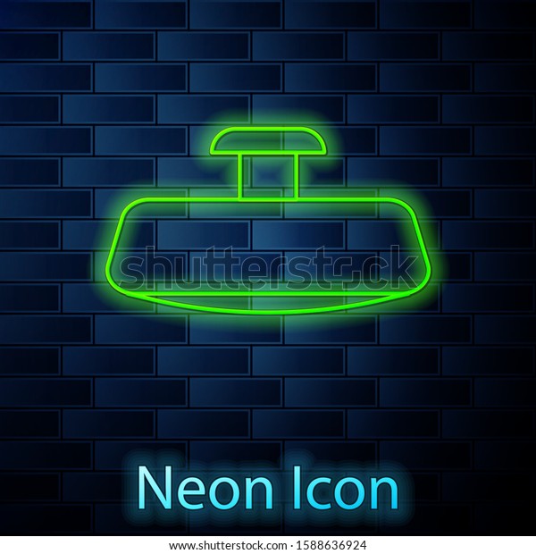 Glowing neon line Car mirror icon
isolated on brick wall background.  Vector
Illustration