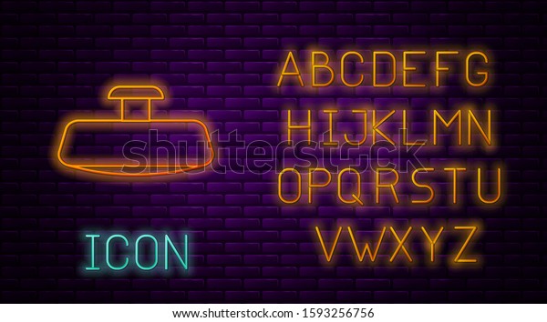 Glowing neon line Car\
mirror icon isolated on brick wall background. Neon light alphabet.\
Vector Illustration