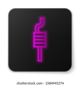 Glowing neon line Car muffler icon isolated on white background. Exhaust pipe. Black square button. Vector Illustration