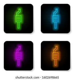 Glowing neon line Car muffler icon isolated on white background. Exhaust pipe. Black square button. Vector Illustration