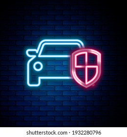 Glowing neon line Car protection or insurance icon isolated on brick wall background. Protect car guard shield. Safety badge vehicle icon. Security auto label. Colorful outline concept. Vector