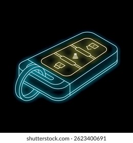Glowing neon line car remote key icon isolated on black background car key with remote fob. Vector illustration