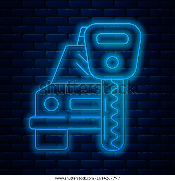 Glowing neon line Car rental icon
isolated on brick wall background. Rent a car sign. Key with car.
Concept for automobile repair service.  Vector
Illustration