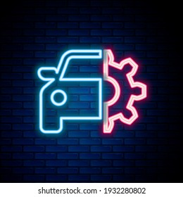 Glowing neon line Car service icon isolated on brick wall background. Auto mechanic service. Mechanic service. Repair service auto mechanic. Maintenance sign. Colorful outline concept. Vector