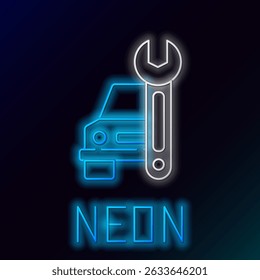 Linha de neon brilhante Ícone de serviço de carro isolado no fundo preto. Serviço mecânico automático. Serviço de reparação mecânica automática. Sinal de manutenção. Conceito de contorno colorido. Vetor
