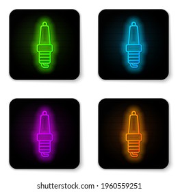 Glowing neon line Car spark plug icon isolated on white background. Car electric candle. Black square button. Vector