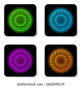 Glowing neon line Car tire icon isolated on white background. Black square button. Vector Illustration